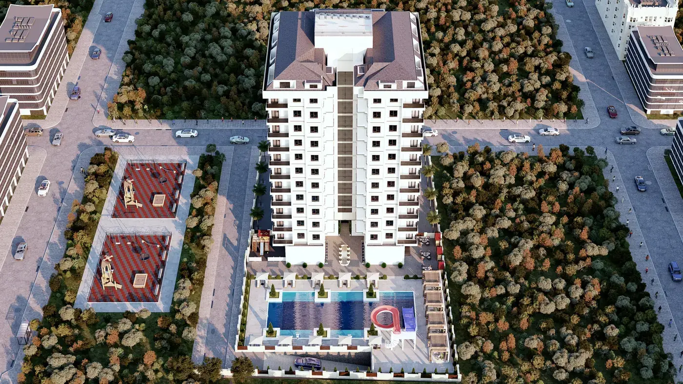 Комплекс сверху: дом, бассейн с горкой и детские площадки, визуализация