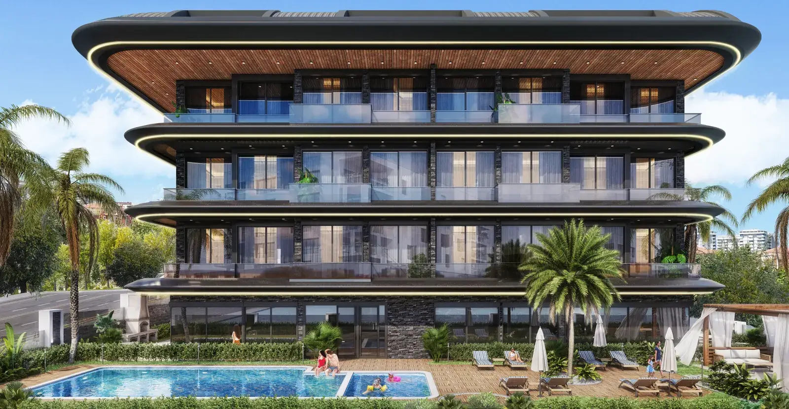 The building and the courtyard pool, rendering