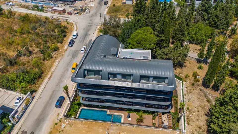 The building with a pool, aerial view