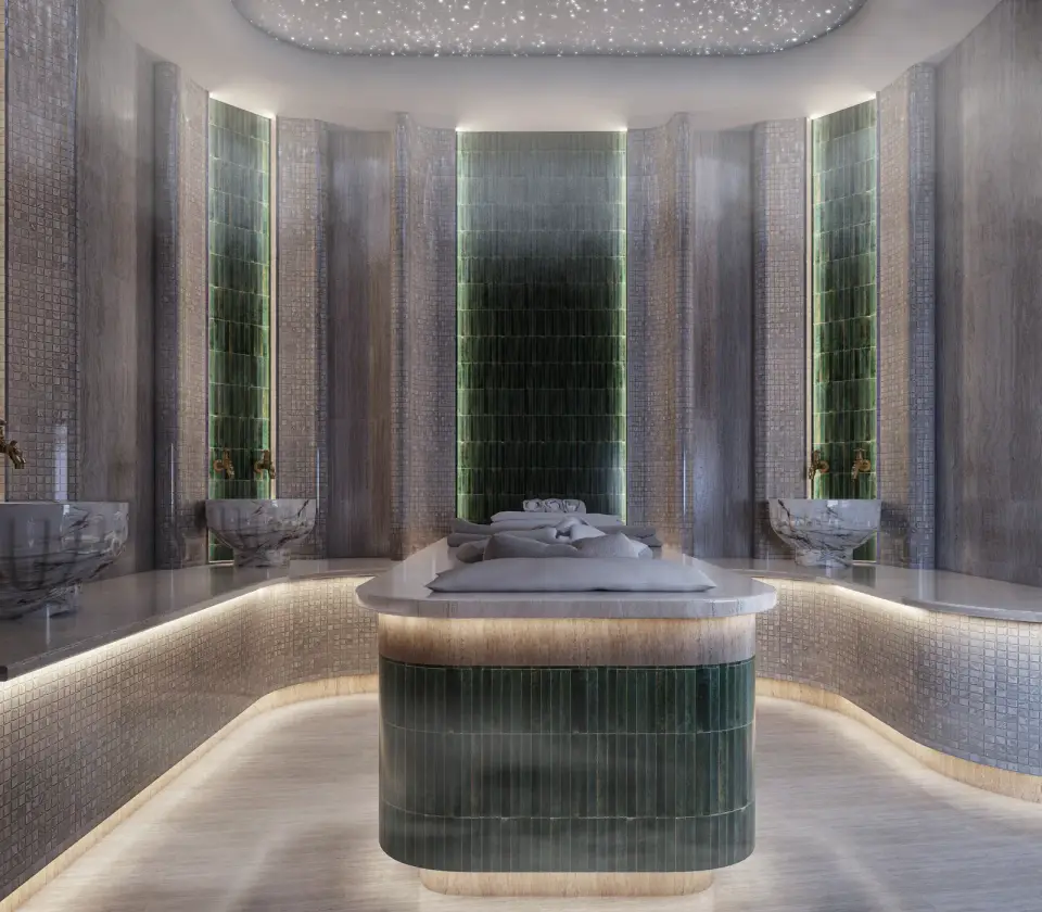SPA-зона с массажным столом и каменными чашами, визуализация