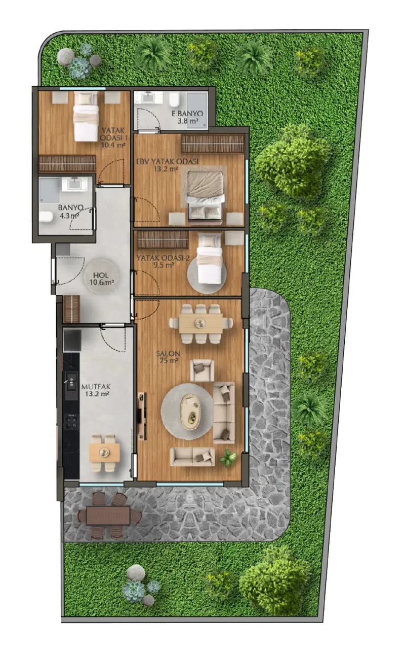 Квартира A-1: «3+1», 90 м² нетто, 135 м² брутто, терраса 122,5 м²