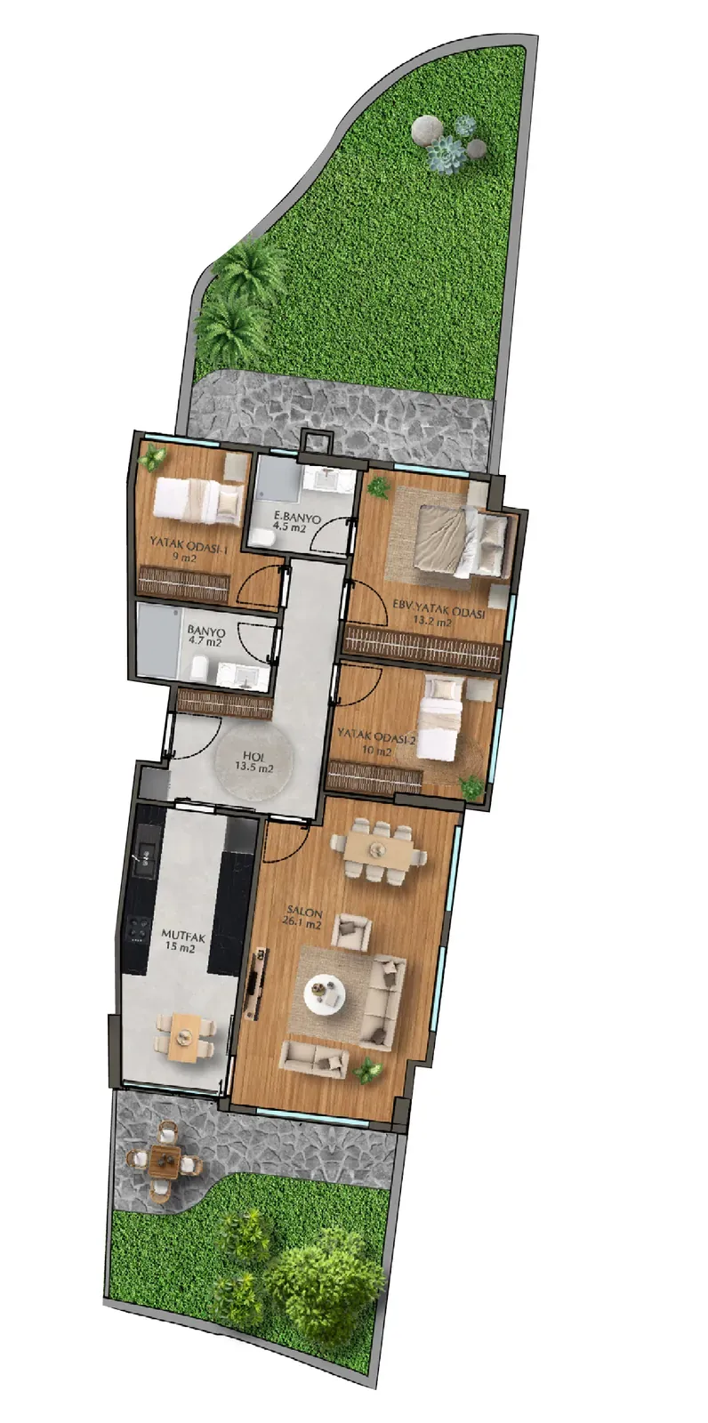 Квартира B-1: «3+1», 96 м² нетто, 144 м² брутто, терраса 78,4 м²