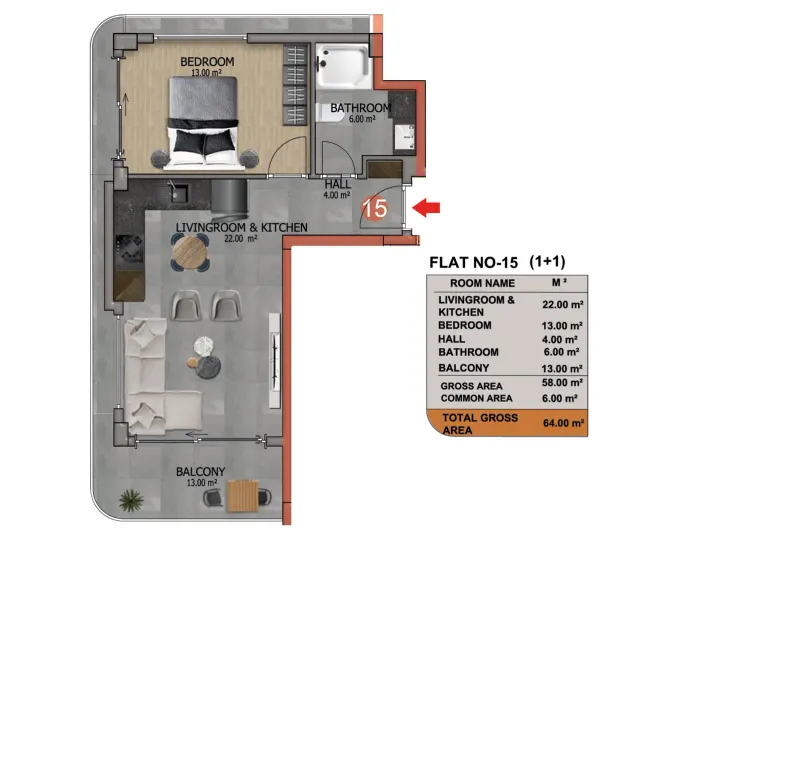 Квартира «1+1» на 64 м²