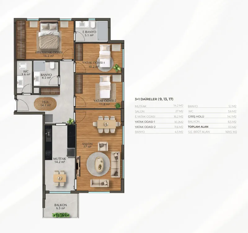 Образец квартиры «3+1»: 113 м² нетто, 169,5 м² брутто